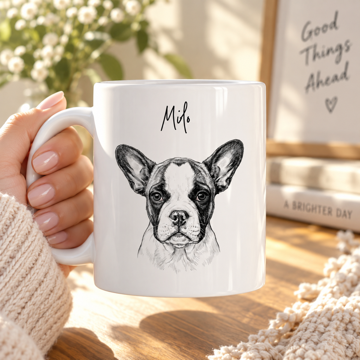 Personalisierte Tasse mit Schwarz-Weiß-Tierporträt und Namen