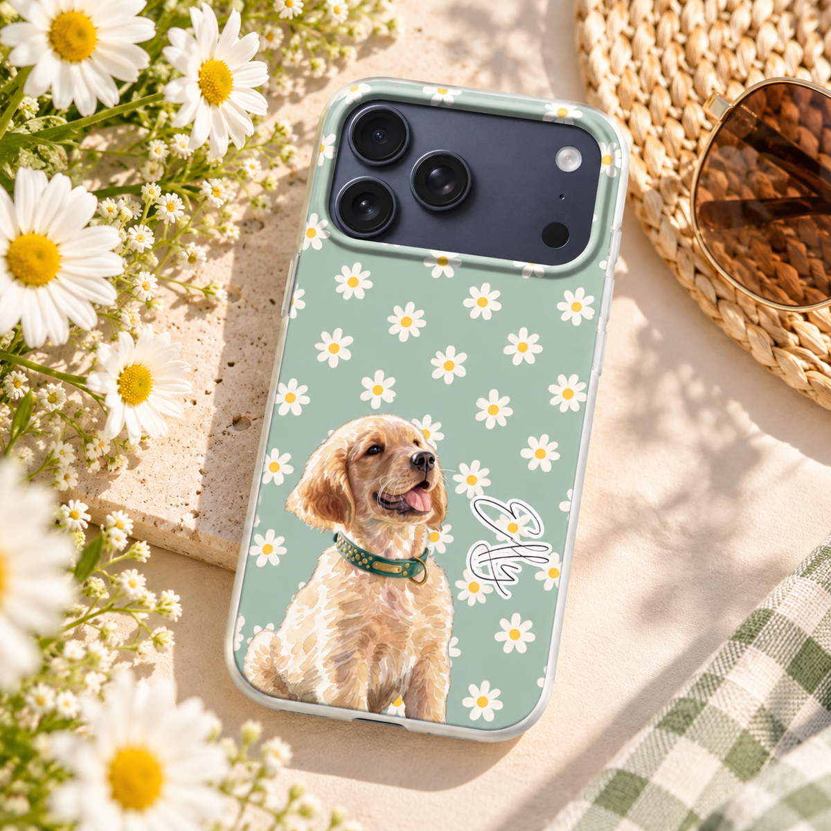 Personalisierte Handyhülle mit Blumenmuster und Hund im Wasserfarbenstil